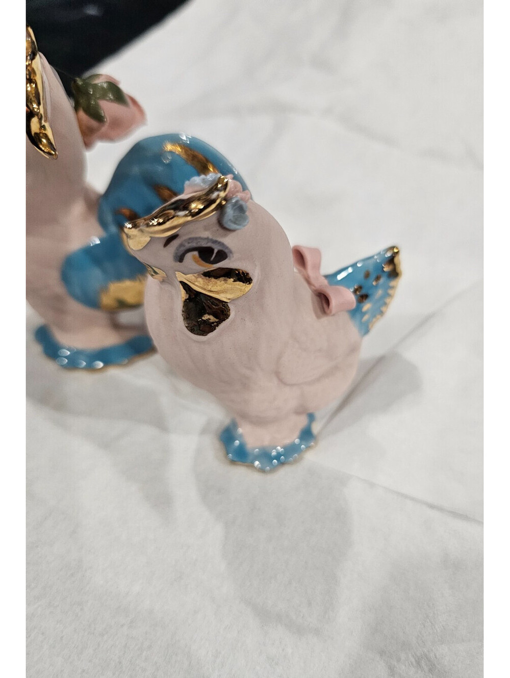 (2pc) Vintage Walker Renaker Pink Bisque Rooster With Rose & Chicken Figurines - Picture 6 of 12
